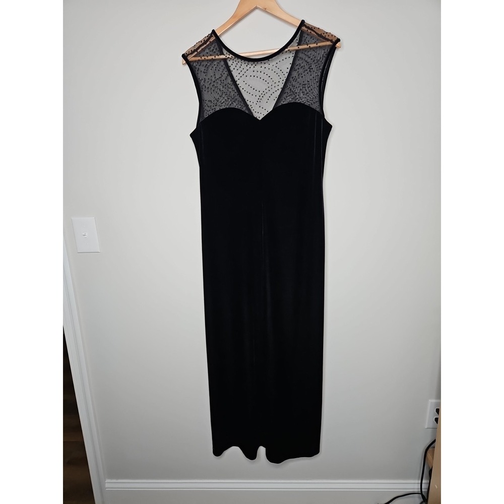 Robbie Bee Dress 12 Black Velvet Beaded Mesh Maxi Dark Romantic Goth Elegant Y2K